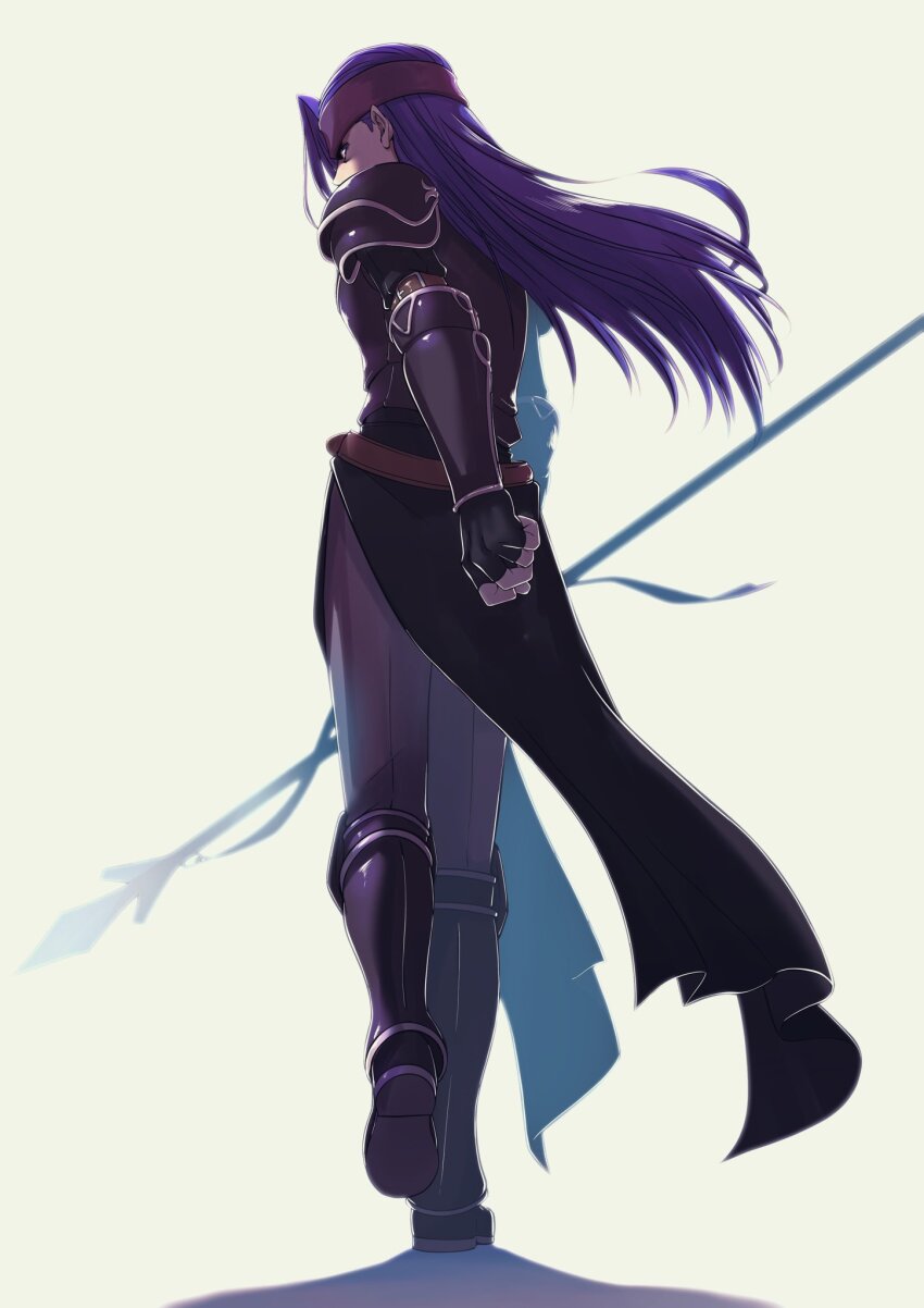 1boy, aduti_momoyama, arm_belt, arm_guards, armor, armored_boots, belt, belt_buckle, black_armor, black_boots, black_gloves, boots, breastplate, brown_belt, buckle, fingerless_gloves, fire_emblem, fire_emblem:_the_binding_blade, floating_hair, from_behind, full_body, galle_(fire_emblem), gloves, grey_pants, headband, highres, holding, holding_polearm, holding_weapon, long_hair, male_focus, nintendo, pants, polearm, purple_eyes, purple_headband, shadow, shoulder_armor, simple_background, single_hair_intake, solo, spear, straight_hair, walking, weapon, white_background