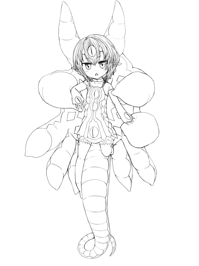 1girl, bare_shoulders, child, choker, desco_(disgaea), detached_sleeves, disgaea, dress, extra_eyes, full_body, gloves, hachimitsuneco, hair_between_eyes, highres, horns, jitome, looking_at_viewer, monochrome, open_mouth, pointy_ears, short_hair, simple_background, sleeves_past_wrists, slit_pupils, tail, tentacles, thighhighs, white_background