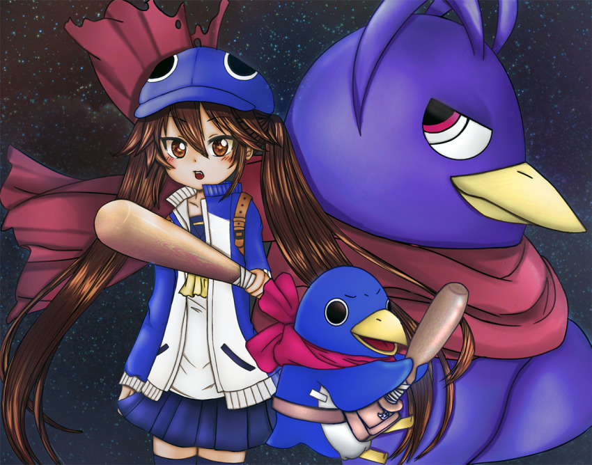 1girl, 2boys, ascot, bandana, baseball_bat, beak, bird, black_eyes