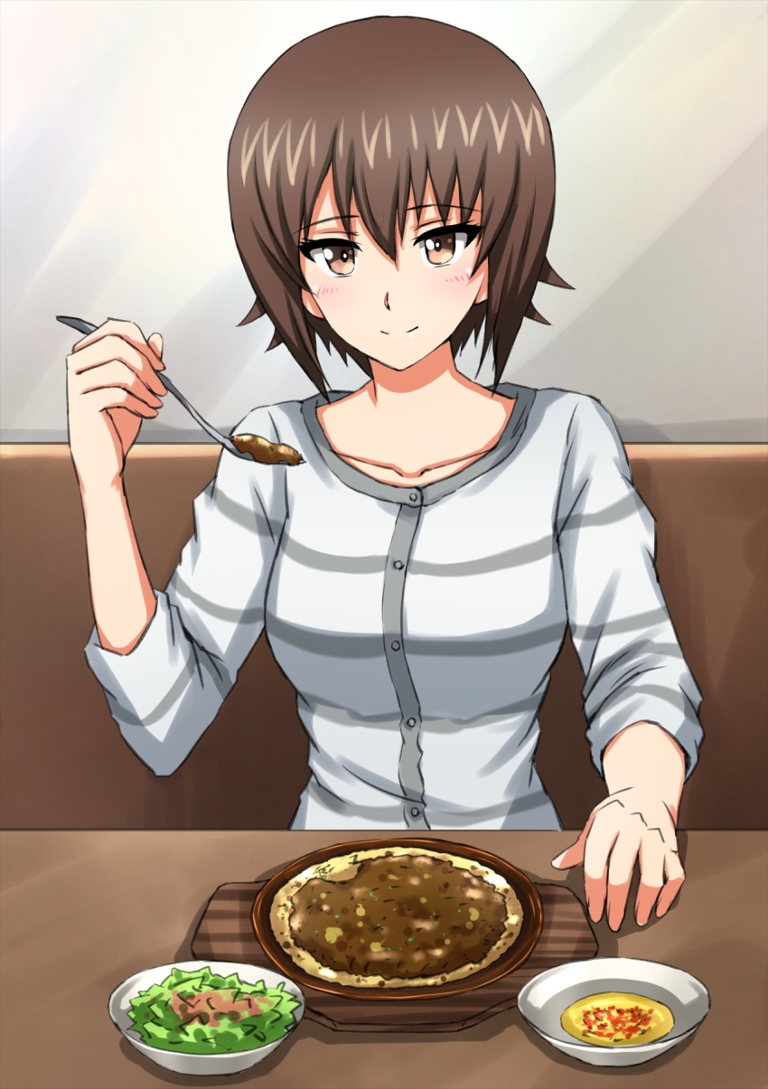1girl, booth_seating, bowl, brown_eyes, brown_hair, casual, closed_mouth, commentary