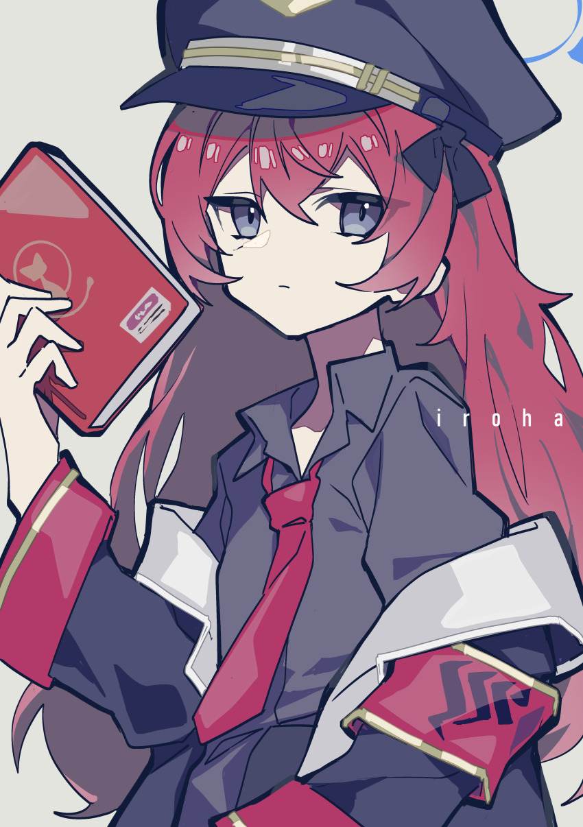 1girl, absurdres, armband, black_hat, black_shirt, blue_archive, book, character_name