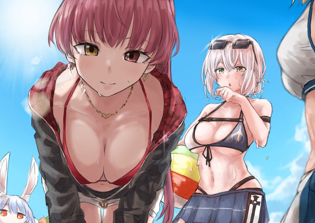 4girls, ball, beachball, bikini, blue_hair, blush, breasts, carrot