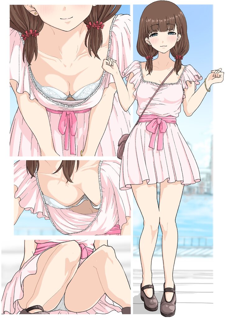 1girl, aqua_eyes, blurry, blurry_background, blush, bra, breasts, brown_hair, cleavage, closed_mouth, cloud, downblouse, dress, earrings, ebifryman, extended_downblouse, full_body, hanging_breasts, head_tilt, idolmaster, idolmaster_cinderella_girls, jewelry, leaning_forward, looking_at_viewer, low_twintails, medium_breasts, medium_hair, multiple_views, navel, outdoors, panties, pink_dress, sakuma_mayu, shoes, sitting, sky, smile, standing, stud_earrings, twintails, underwear, white_bra, white_panties
