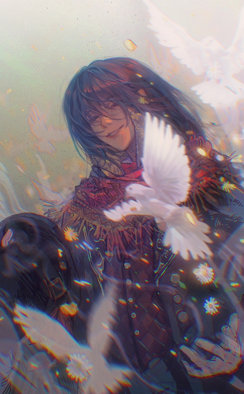 1boy, 2195305919, abstract_background, angel, bird, black_jacket, brown_eyes, brown_hair