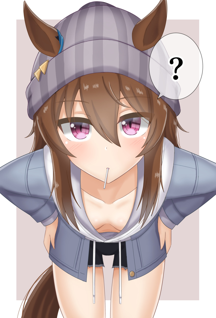 1girl, ?, absurdres, animal_ears, beanie, blush, breasts, brown_hair