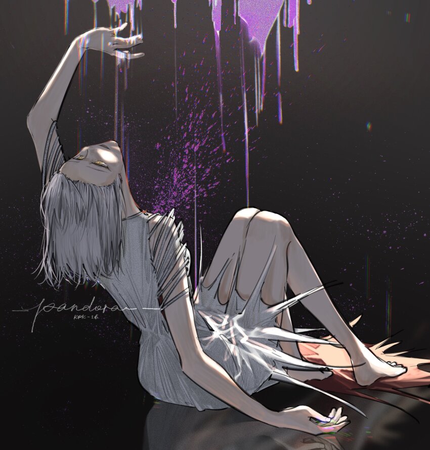 1girl, absurdres, bare_legs, barefoot, black_background, blueblossom, character_name, commentary