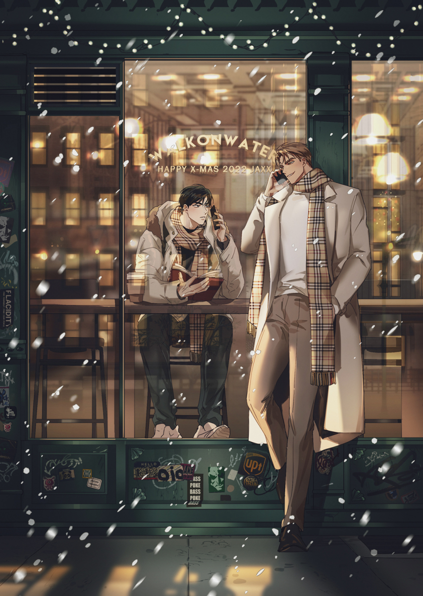 2boys, artist_name, black_hair, blonde_hair, book, brand_name_imitation, coat, commentary