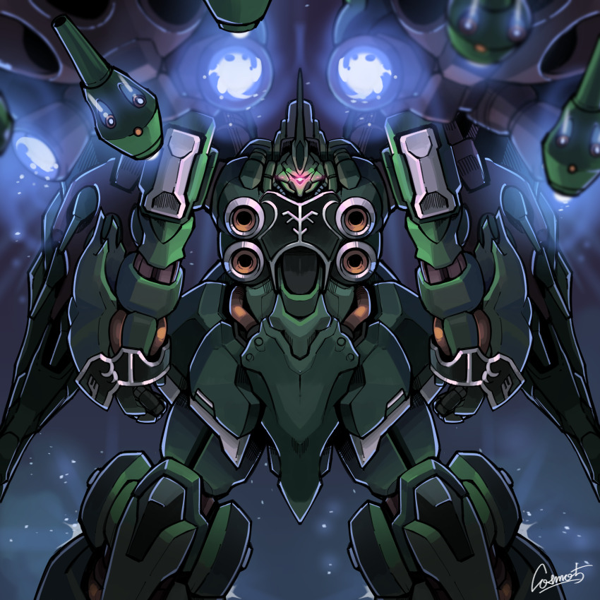 absurdres, clenched_hands, cosmo-5, glowing, glowing_eye, gundam, gundam_unicorn, highres, kshatriya, mecha, mobile_suit, no_humans, one-eyed, red_eyes, robot, science_fiction, signature, solo, space, straight-on, thrusters