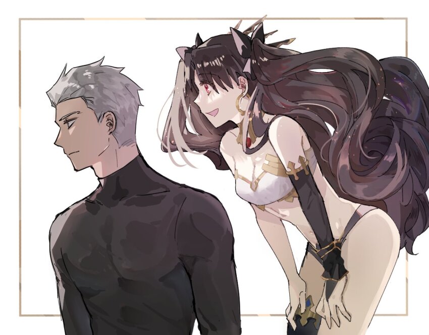 1boy, 1girl, alternate_universe, appleale19, archer_(fate), black_hair, black_panties, black_shirt