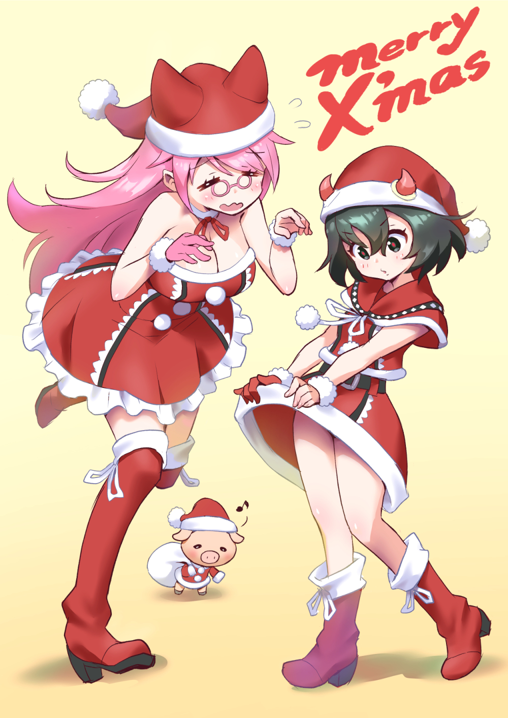 2girls, black_eyes, black_hair, bob_cut, boots, breasts, capelet, christmas