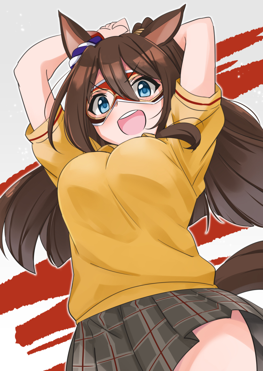 1girl, :d, animal_ears, arms_up, black_skirt, blue_eyes, brown_hair, casual