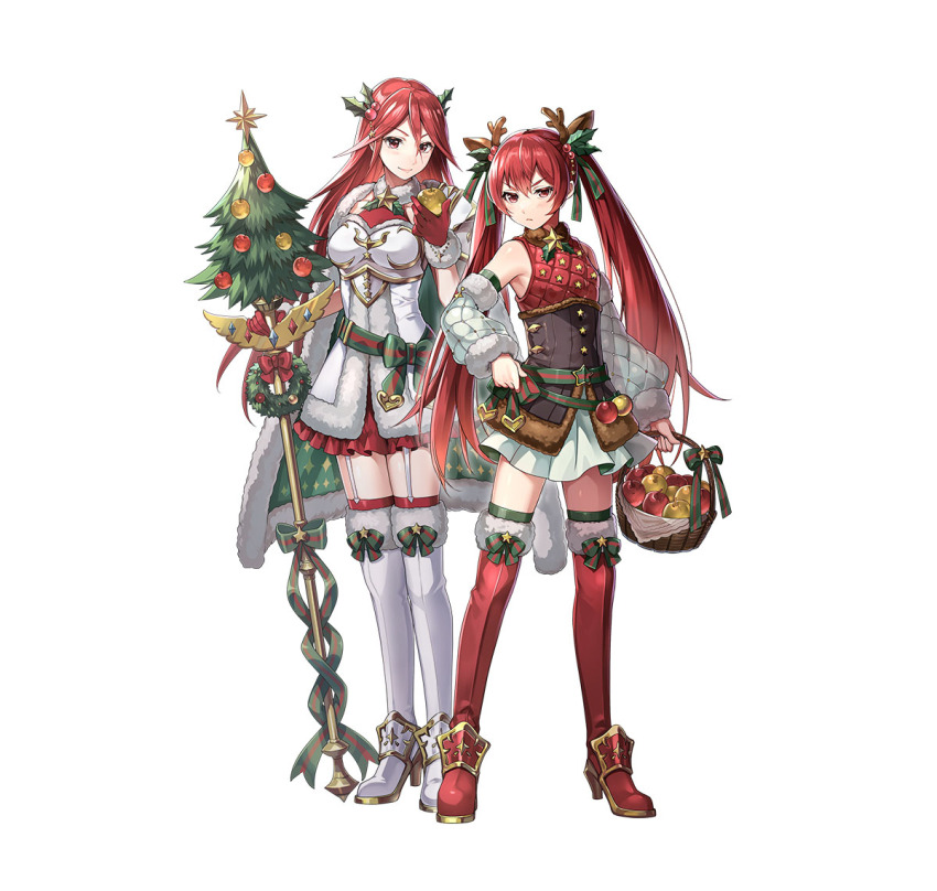 2girls, antlers, apple, armor, basket, boots, breastplate, breasts