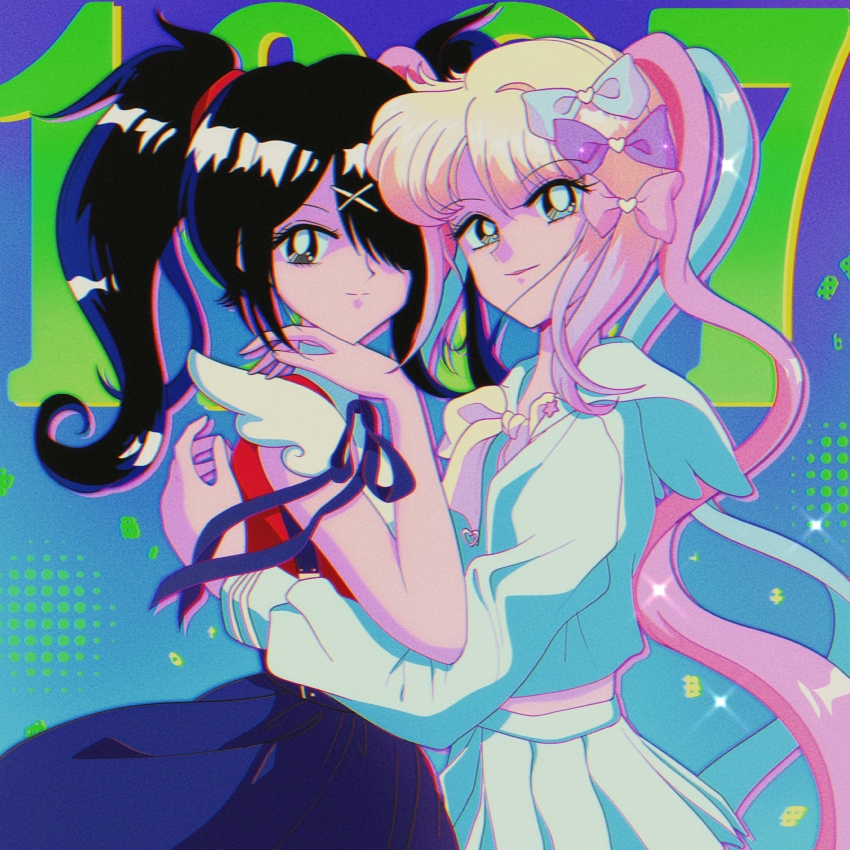 2girls, absurdres, ame-chan_(needy_girl_overdose), black_hair, black_ribbon, black_skirt, blonde_hair, blue_bow, blue_hair, blue_shirt, blue_skirt, bow, chouzetsusaikawa_tenshi-chan, collar, collared_shirt, fadesir, hair_bow, hair_ornament, hair_over_one_eye, hair_tie, hairclip, highres, long_hair, long_sleeves, looking_at_viewer, multicolored_hair, multiple_girls, neck_ribbon, needy_girl_overdose, pink_bow, pink_hair, pleated_skirt, purple_bow, quad_tails, red_shirt, ribbon, sailor_collar, school_uniform, serafuku, shirt, shirt_tucked_in, short_sleeves, skirt, smile, standing, suspender_skirt, suspenders, twintails, very_long_hair, white_collar, x_hair_ornament, yellow_bow