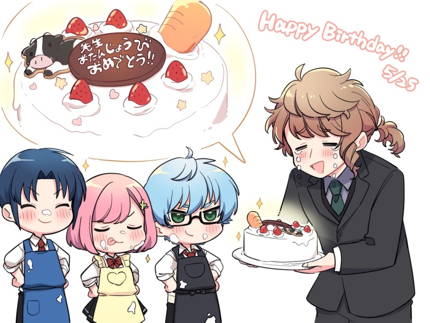 1girl, 3boys, apron, birthday, birthday_cake, black_apron, blue_apron, blue_hair