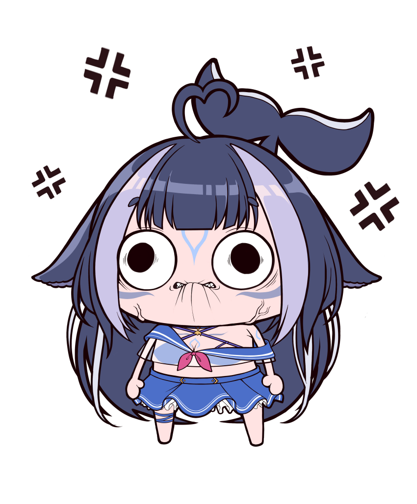 1girl, absurdres, ahoge, anger_vein, barefoot, bikini, bikini_under_clothes, black_bikini, black_hair, bulging_eyes, cetacean_tail, chibi, clenched_teeth, facial_tattoo, fins, fish_tail, highres, hime_cut, indie_virtual_youtuber, long_hair, looking_at_viewer, multicolored_hair, nabenabe3104, orca_girl, pleated_skirt, sailor, school_uniform, see-through_clothes, see-through_shirt, sharp_teeth, shylily, shylily_(1st_costume), sidelocks, simple_background, skirt, streaked_hair, swimsuit, tail, tattoo, teeth, two-tone_hair, veins, virtual_youtuber, white_background, white_hair
