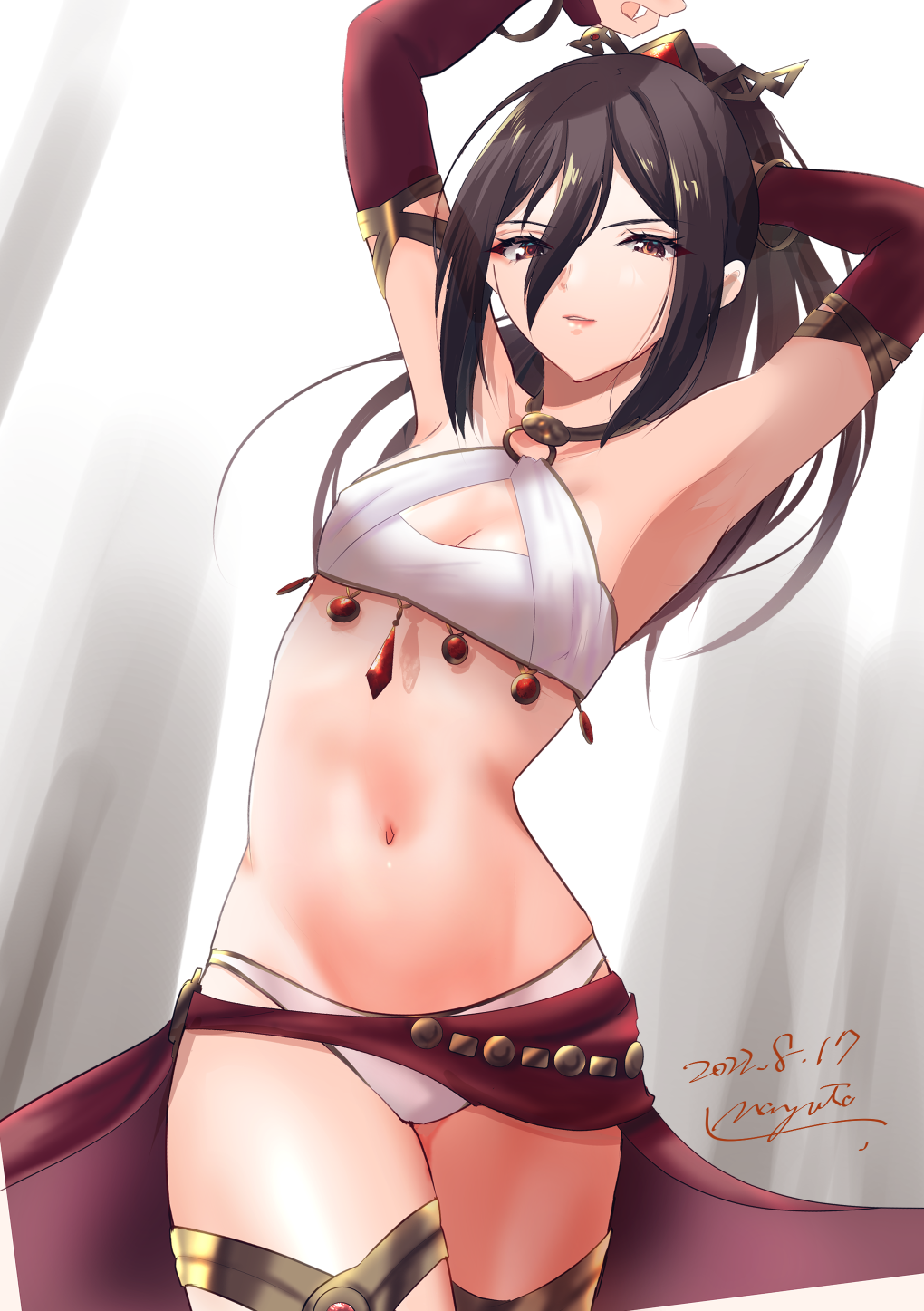 1girl, 2022, ancient_egyptian_clothes, armpits, arms_up, artist_name, bikini, black_hair