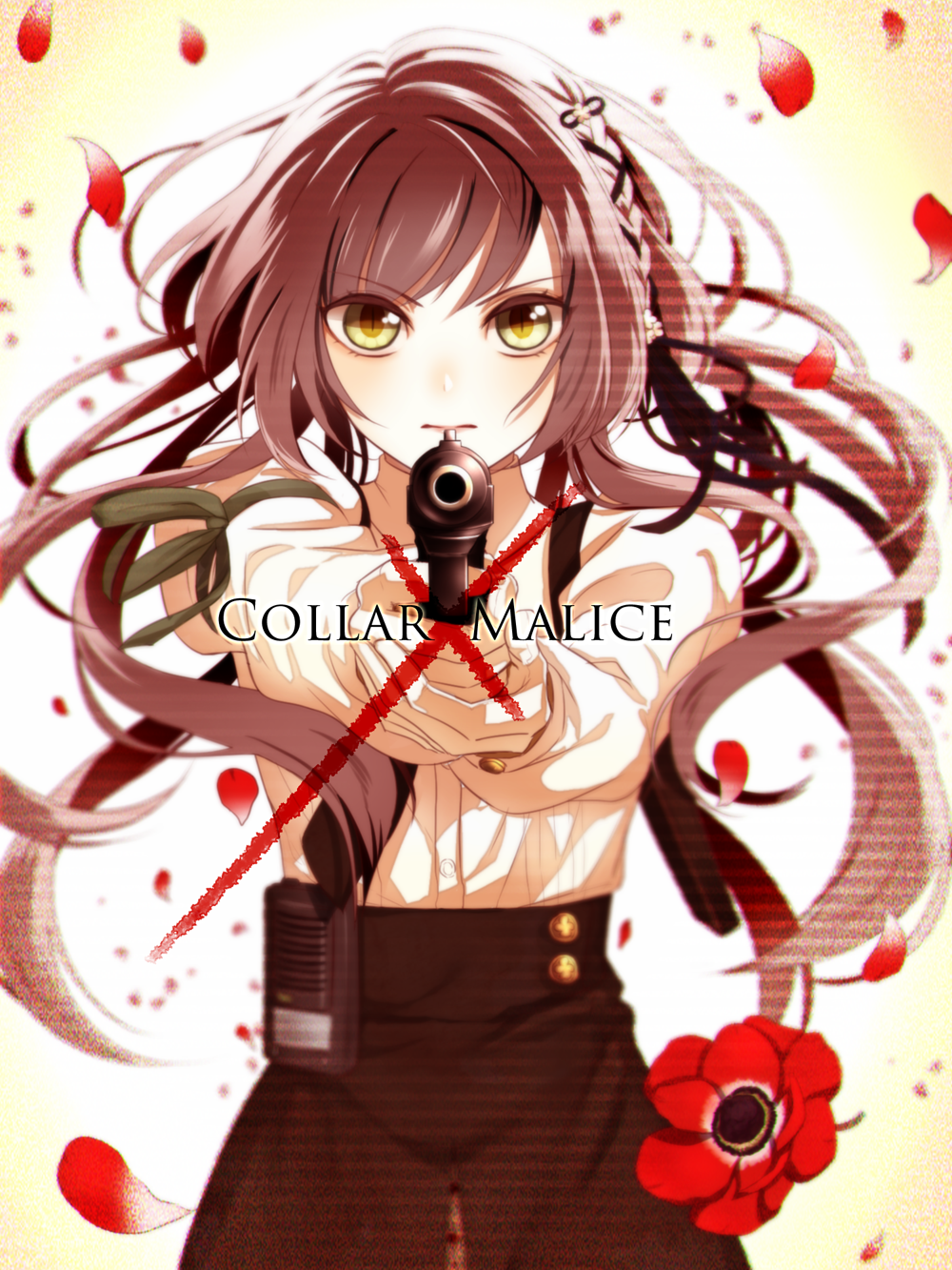 1girl, aiming, aiming_at_viewer, brown_hair, button_up_skirt, camellia, collar_x_malice, copyright_name, floating_hair, flower, green_eyes, gun, gun_pointing_at_viewer, highres, holding, holding_gun, holding_weapon, hoshino_ichika, long_hair, long_sleeves, matumanda, petals, serious, weapon