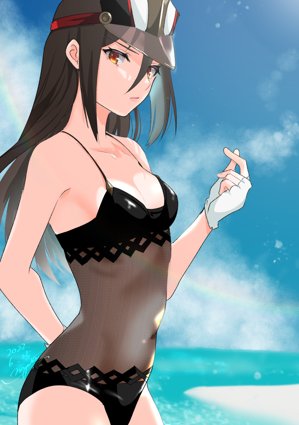 1girl, 2022, artist_name, beach, black_one-piece_swimsuit, blue_sky, breasts, brown_eyes