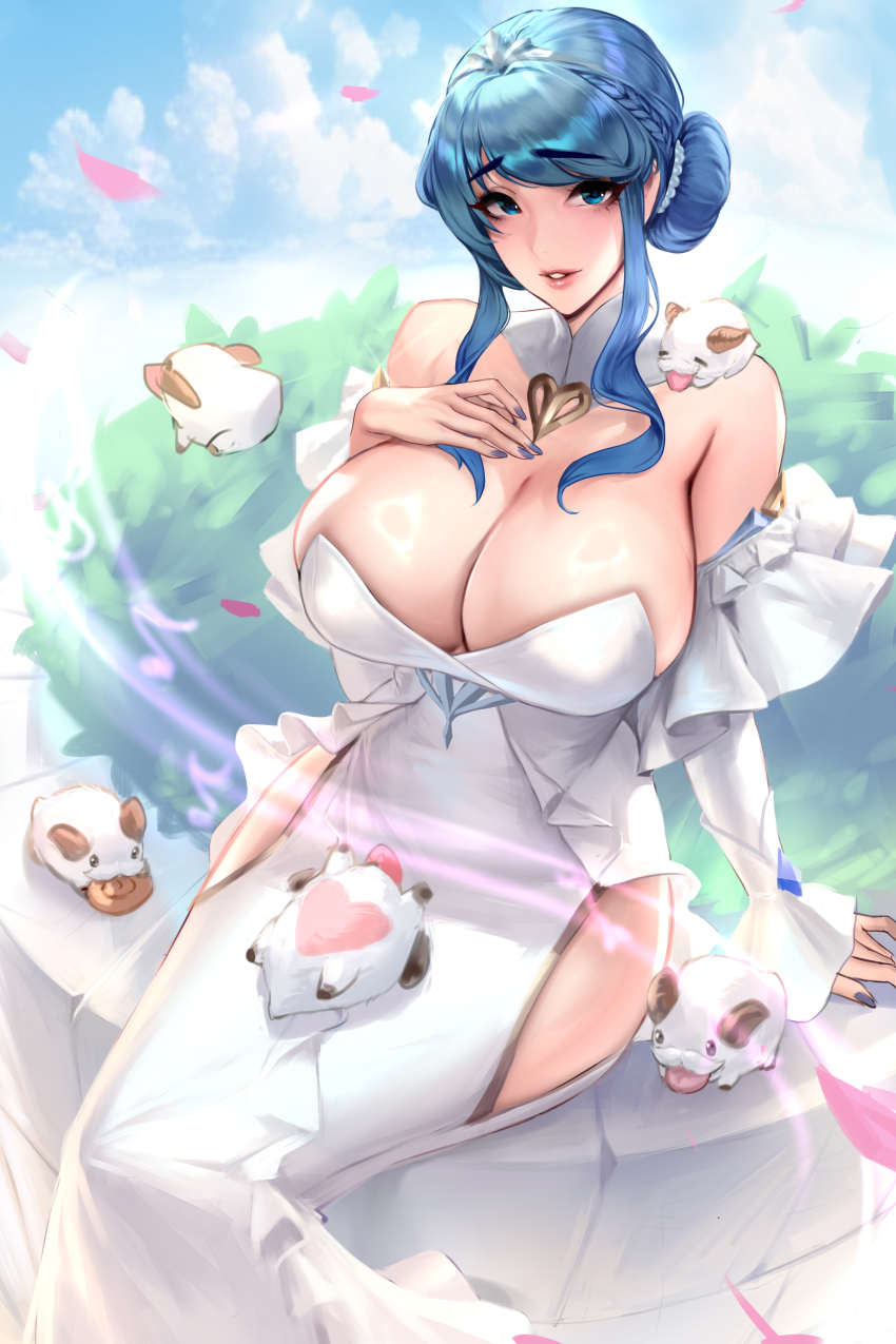 1girl, absurdres, arm_support, bare_shoulders, blue_eyes, blue_hair, blush, braid, breasts, cian_yo, cleavage, clothing_cutout, creature, crystal_rose_sona, dress, eating, food, hair_ornament, hands_on_own_breasts, heart, highres, hip_vent, huge_breasts, large_breasts, league_of_legends, lips, long_sleeves, looking_at_viewer, medium_hair, nail_polish, navel, parted_lips, poro_(league_of_legends), shiny_skin, sitting, smile, solo, sona_(league_of_legends), white_dress