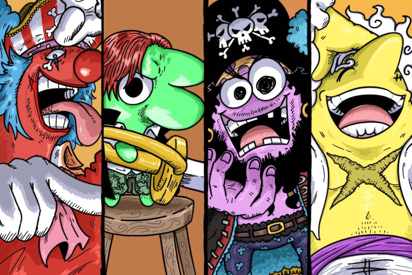 4boys, allan_(smiling_friends), beard, black_eyes, black_hair, blue_hair, brown_background, buggy_the_clown