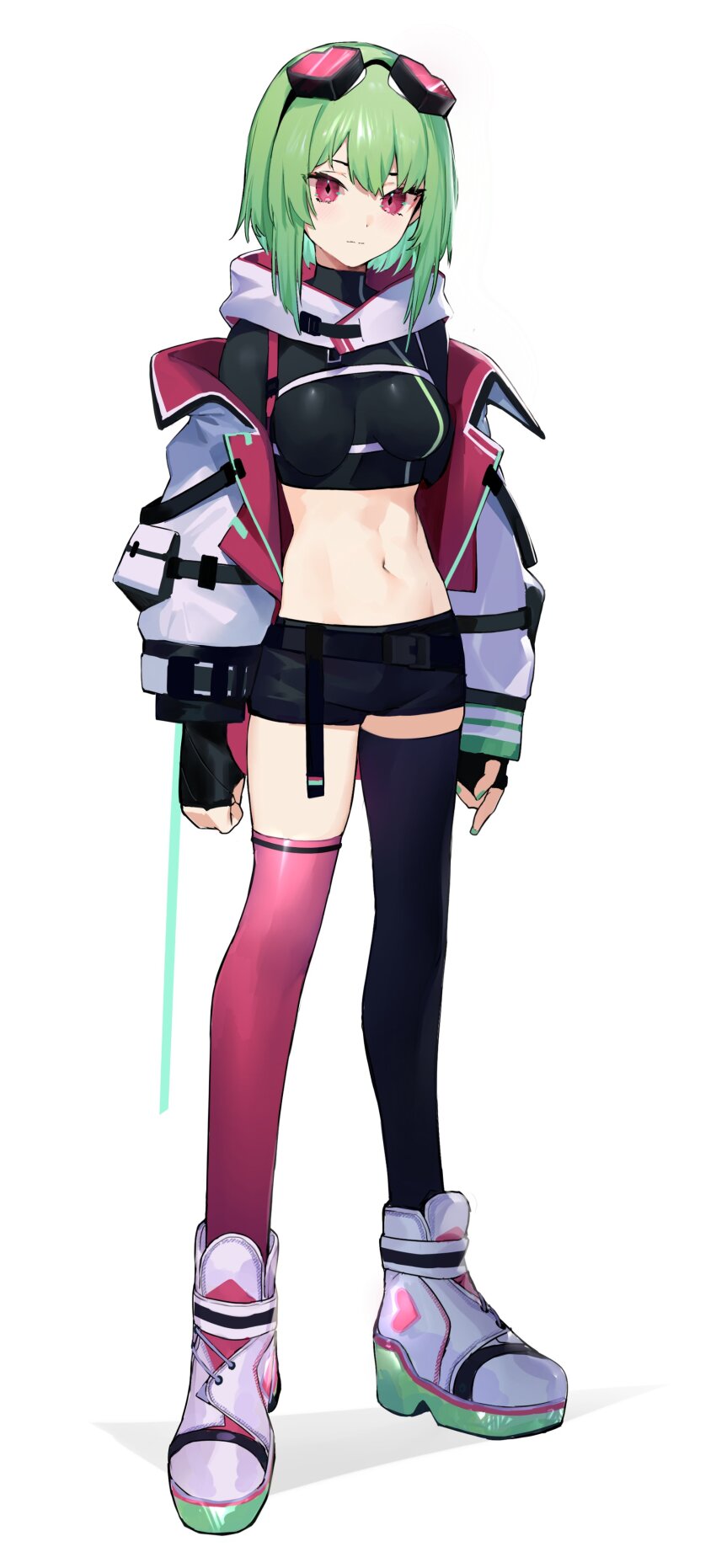 1girl, absurdres, asymmetrical_legwear, black_gloves, black_shorts, black_thighhighs, breasts, baebub