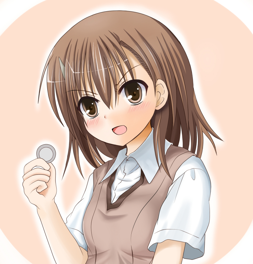 1girl, blouse, brown_eyes, brown_hair, coin, collared_shirt, female_focus, highres, holding, holding_coin, misaka_mikoto, osa@, osa_(pixiv37908), school_uniform, shirt, short_hair, solo, sweater_vest, toaru_kagaku_no_railgun, toaru_majutsu_no_index, v-shaped_eyebrows, white_shirt