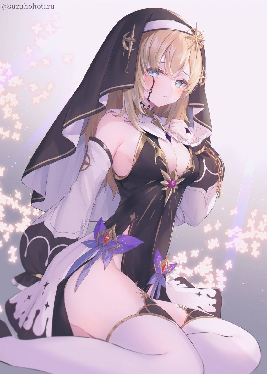 1girl, bare_shoulders, black_dress, blonde_hair, blue_eyes, blush, breasts, celestine_(letmebid), cleavage, cross-shaped_pupils, detached_sleeves, dress, habit, hair_ornament, highres, large_breasts, long_hair, long_sleeves, looking_at_viewer, no_panties, nun, nun_headdress, original, robe, simple_background, solo, suzuho_hotaru, symbol-shaped_pupils, thighhighs, veil, white_thighhighs