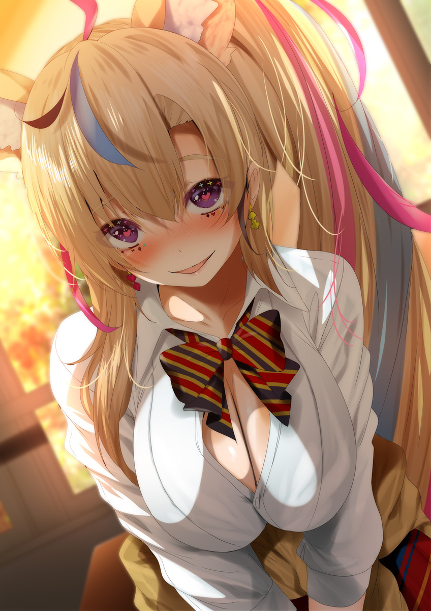 1girl, animal_ear_fluff, animal_ears, bad_id, bad_twitter_id, blonde_hair, blue_hair, blush, breasts, cleavage, clothes_around_waist, collarbone, collared_shirt, day, fumihiko_(fu_mihi_ko), heart, heart-shaped_pupils, highres, hololive, jacket, jacket_around_waist, large_breasts, long_hair, long_sleeves, looking_at_viewer, multicolored_hair, omaru_polka, omaru_polka_(school_uniform), open_mouth, partially_unbuttoned, pink_hair, ponytail, purple_eyes, shirt, smile, solo, streaked_hair, symbol-shaped_pupils, virtual_youtuber, white_shirt