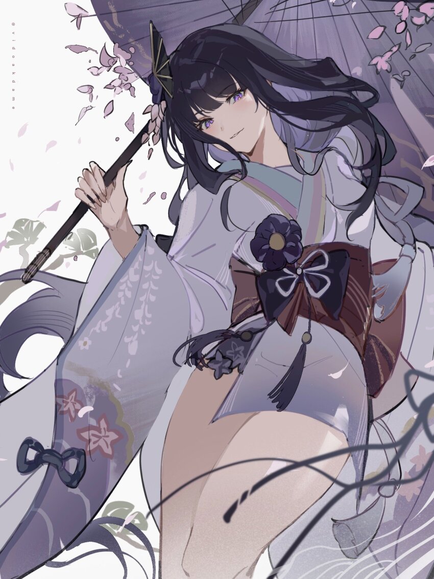 1girl, artist_name, cherry_blossoms, falling_petals, flower, genshin_impact, hair_ornament, highres