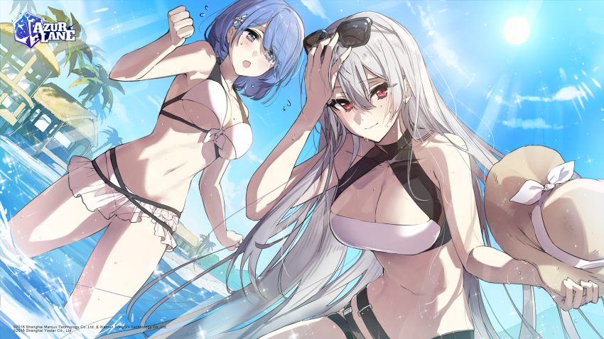 2girls, absurdres, alternate_costume, azur_lane, bare_shoulders, beach, bikini, blue_hair, blue_sky, blush, breasts, chapayev_(azur_lane), cleavage, clenched_hands, closed_mouth, cloud, collarbone, commentary_request, cowboy_shot, day, eyewear_on_head, hair_between_eyes, hair_ornament, hand_on_own_forehead, hat, highres, holding, holding_unworn_clothes, holding_unworn_hat, large_breasts, long_bangs, long_hair, looking_at_viewer, mole, mole_on_breast, multiple_girls, navel, open_mouth, outdoors, red_eyes, short_hair, sky, smile, sovetskaya_rossiya_(azur_lane), standing, stomach, sun, sun_hat, sunglasses, sunlight, sweat, swept_bangs, swimsuit, tree, unworn_hat, unworn_headwear, very_long_hair, wading, wata_(attaka_towel), water, white_bikini, yostar