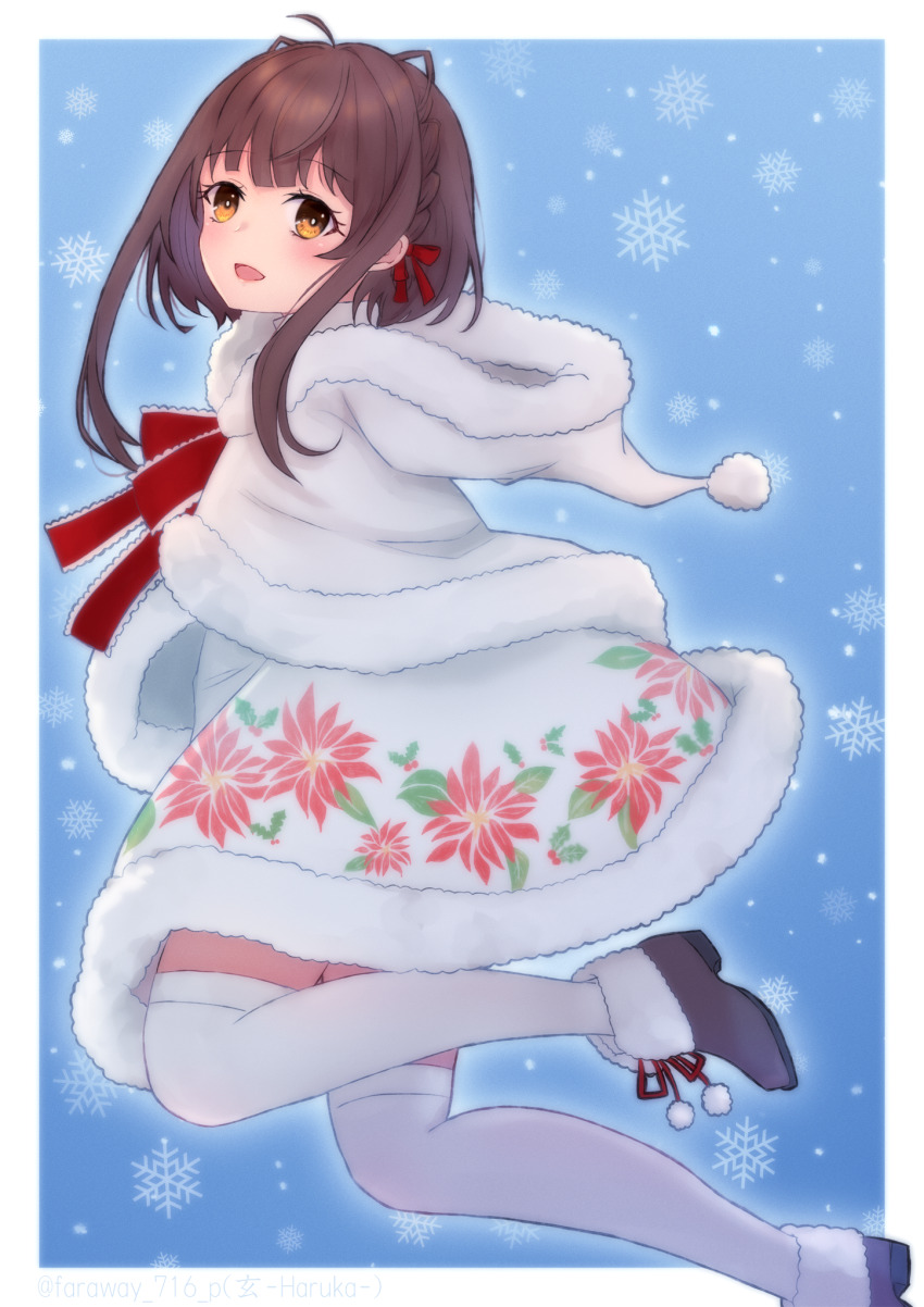 1girl, black_shoes, brown_eyes, brown_hair, capelet, dress, floral_print, fur-trimmed_capelet, fur-trimmed_dress, fur_trim, hair_ribbon, haruka_faraway716, highres, hood, hooded_capelet, kantai_collection, official_alternate_costume, print_dress, red_ribbon, ribbon, shoes, short_hair, short_hair_with_long_locks, sidelocks, solo, thighhighs, ukuru_(christmas)_(kancolle), ukuru_(kancolle), white_capelet, white_dress, white_thighhighs