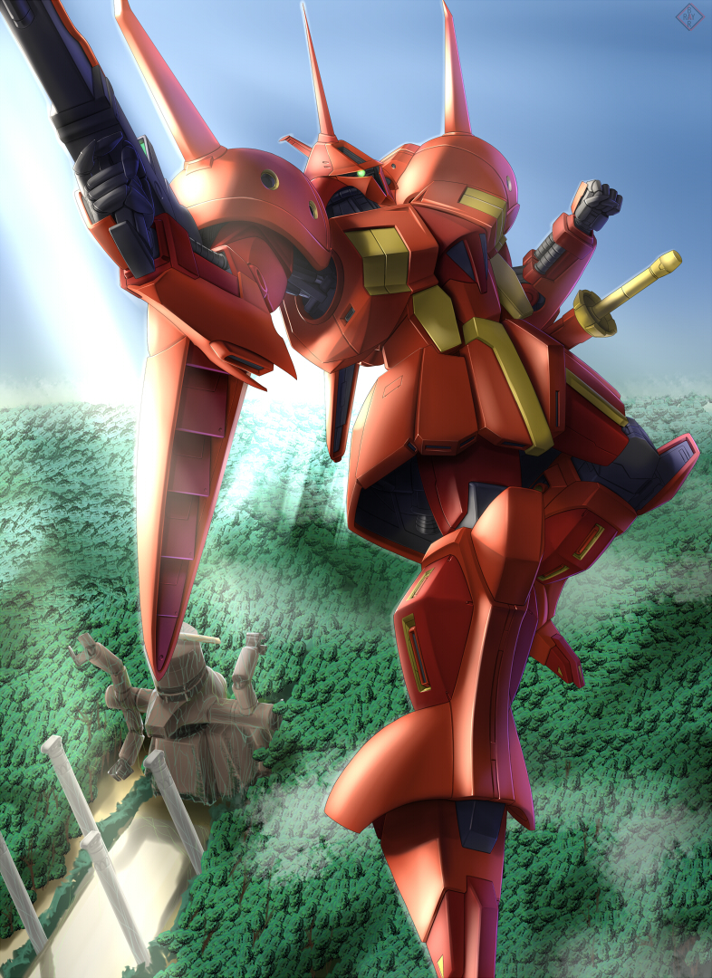 beam_rifle, cattle_(gundam_zz), day, energy_gun, forest, gun, gundam, gundam_zz, mecha, mecha_focus, nature, pillar, r-jarja, raybar, robot, sheath, sheathed, signature, sky, weapon