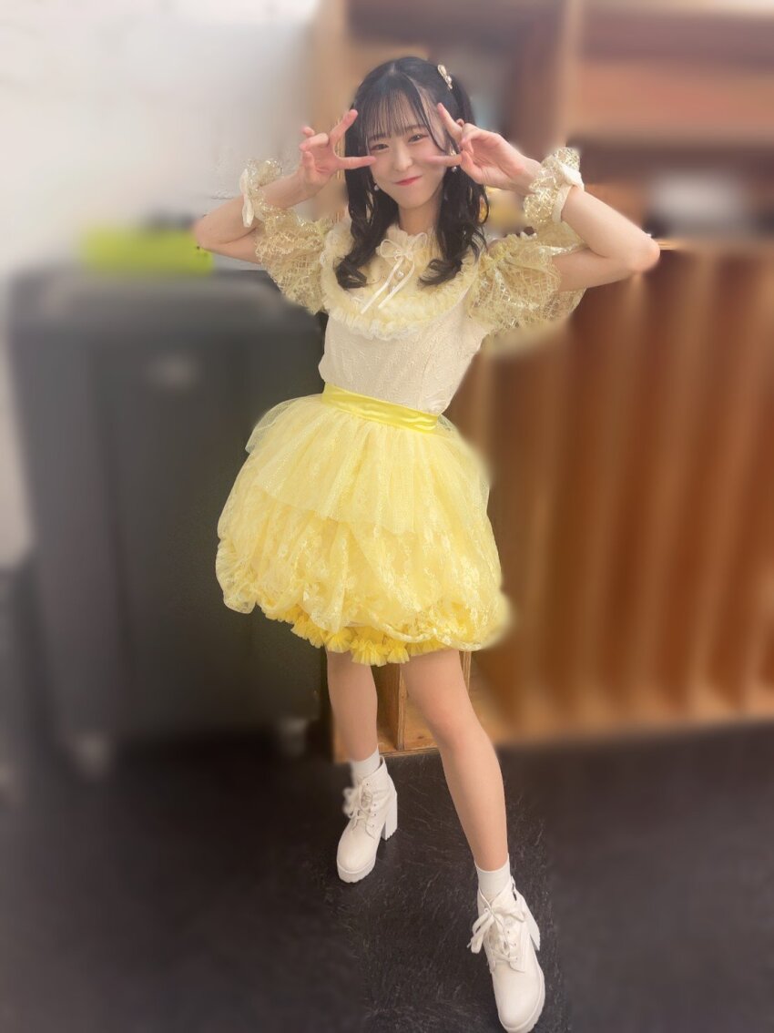 1girl, dress, highres, katsuno_rina, purelymonster, v, white_footwear, yellow_dress