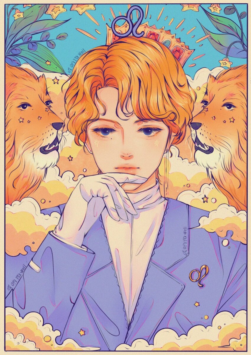 1boy, ai_yo_wei_well, bishounen, blonde_hair, blue_eyes, constellation, highres, leo_(constellation), lion, looking_at_viewer, male_focus, original, solo, zodiac