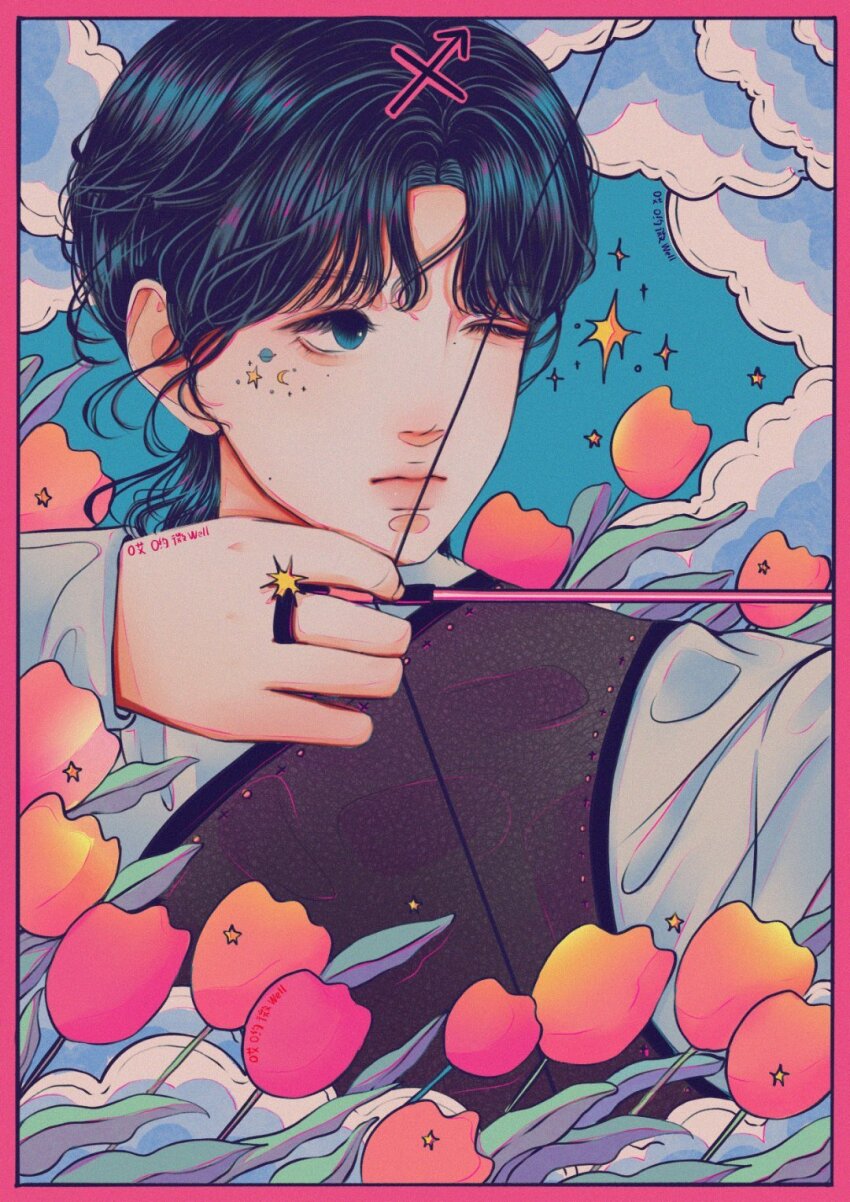 1boy, ai_yo_wei_well, bishounen, bow_(weapon), constellation, highres, holding, holding_bow_(weapon)