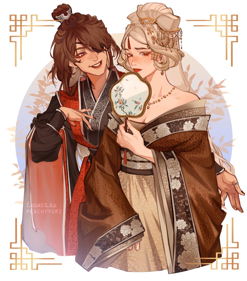 2girls, absurdres, alternate_costume, artist_name, beidou_(genshin_impact), black_nails, blush, breasts, brown_hair, chinese_clothes, cleavage, eyepatch, folding_fan, genshin_impact, hair_bun, hair_ornament, hand_fan, hanfu, highres, holding, holding_fan, jewelry, lipstick, looking_at_another, makeup, medium_breasts, multiple_girls, necklace, ningguang_(genshin_impact), off_shoulder, paper_fan, peachyyuri, red_eyes, red_lips, ring, single_hair_bun, standing, tassel, tuanshan, watermark, white_hair, yuri