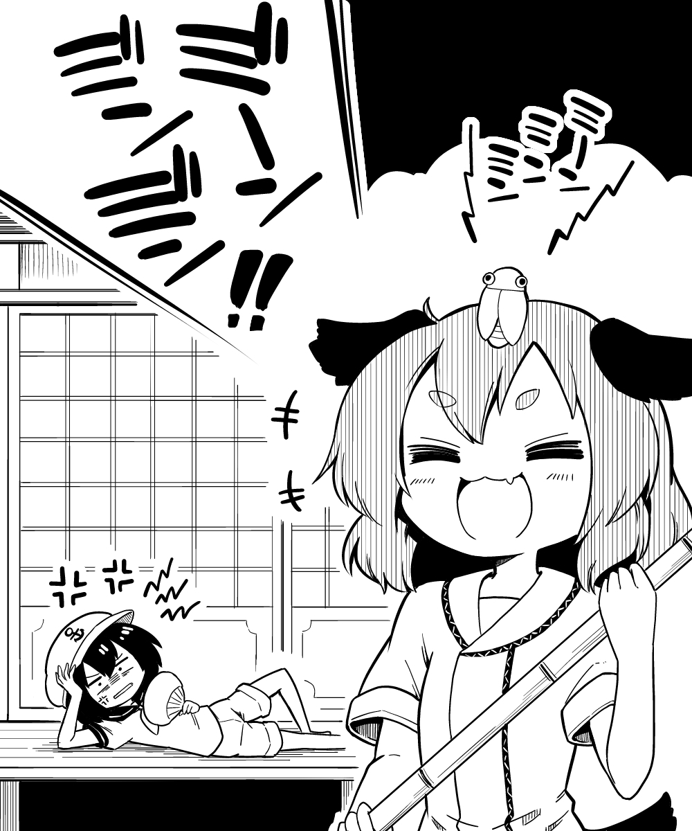 anger_vein, annoyed, broom, bug, cicada, cicada_cry_(sfx), commentary_request, futa_(nabezoko), greyscale, hand_fan, happy, hat, highres, insect, kasodani_kyouko, monochrome, murasa_minamitsu, open_mouth, short_hair, touhou, translation_request