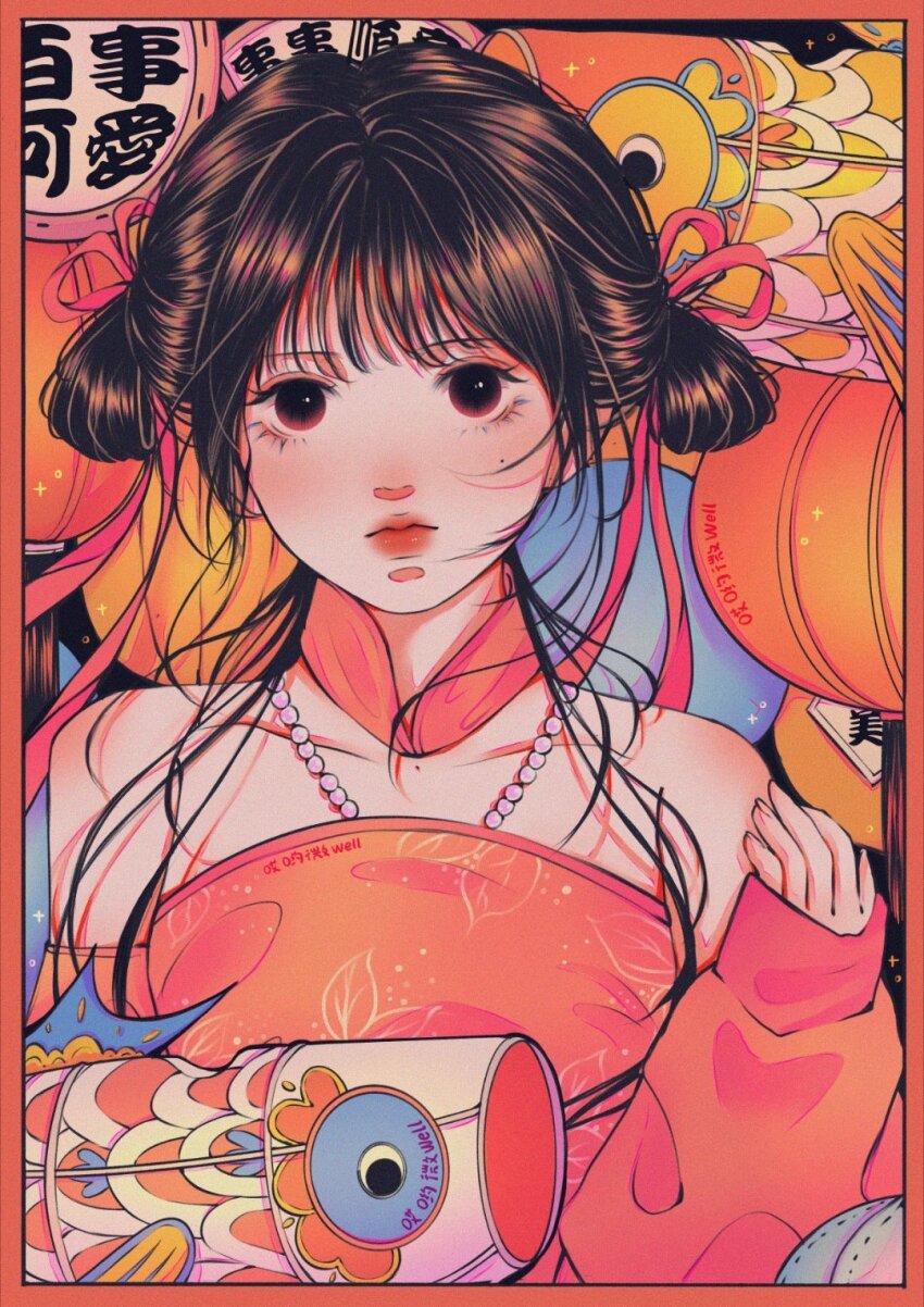 1girl, ai_yo_wei_well, black_hair, brown_hair, chinese_clothes, detached_sleeves, double_bun, hair_bun