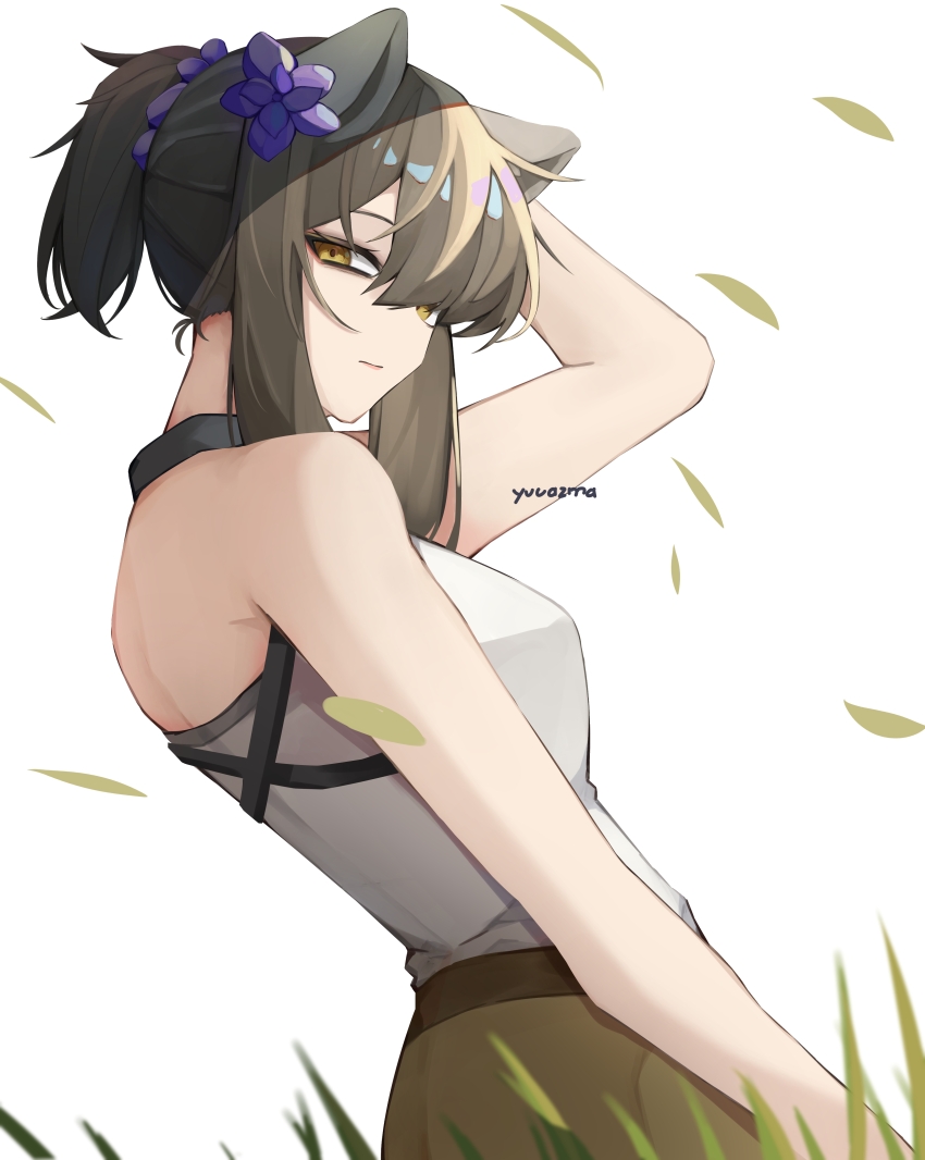 1girl, absurdres, animal_ears, arknights, bare_shoulders, brown_hair, brown_skirt, cowboy_shot