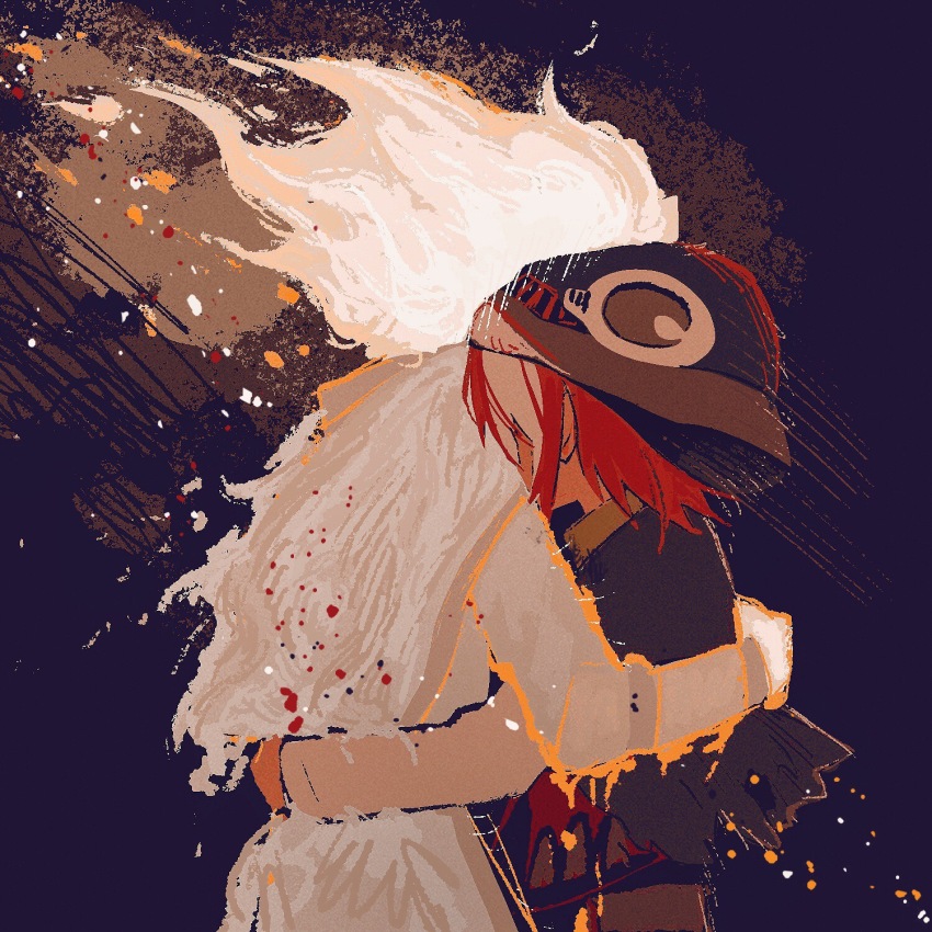 1boy, 1girl, belafu, belafu_(human), black_background, bleeding, blood, burning