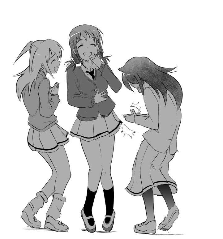 3girls, :d, ^^^, blazer, breasts, cardigan, closed_eyes, collared_shirt