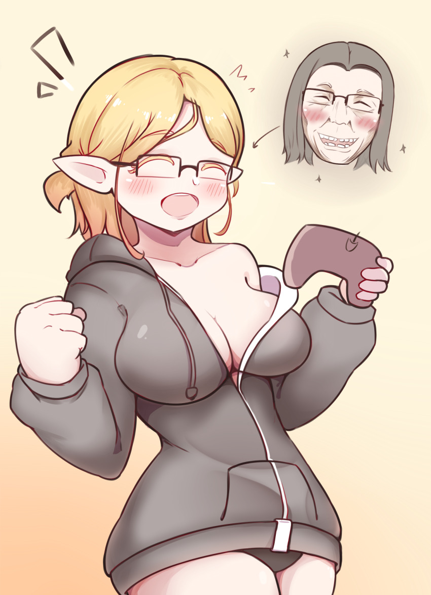 1boy, 1girl, arrow_(symbol), black-framed_eyewear, black_hair, black_panties, blonde_hair, blush, breasts, brown_background, chinese_commentary, cleavage, closed_eyes, collarbone, commentary_request, controller, cowboy_shot, elf, facing_viewer, game_controller, genderswap, genderswap_(mtf), glasses, grey_hoodie, hands_up, highres, holding, holding_controller, holding_game_controller, hood, hood_down, hoodie, isekai_ojisan, large_breasts, long_sleeves, medium_hair, mr.681, naked_hoodie, open_mouth, panties, pantyshot, pointy_ears, shibazaki_yousuke, smile, sui_(isekai_ojisan), teeth, ugly_bastard, underwear
