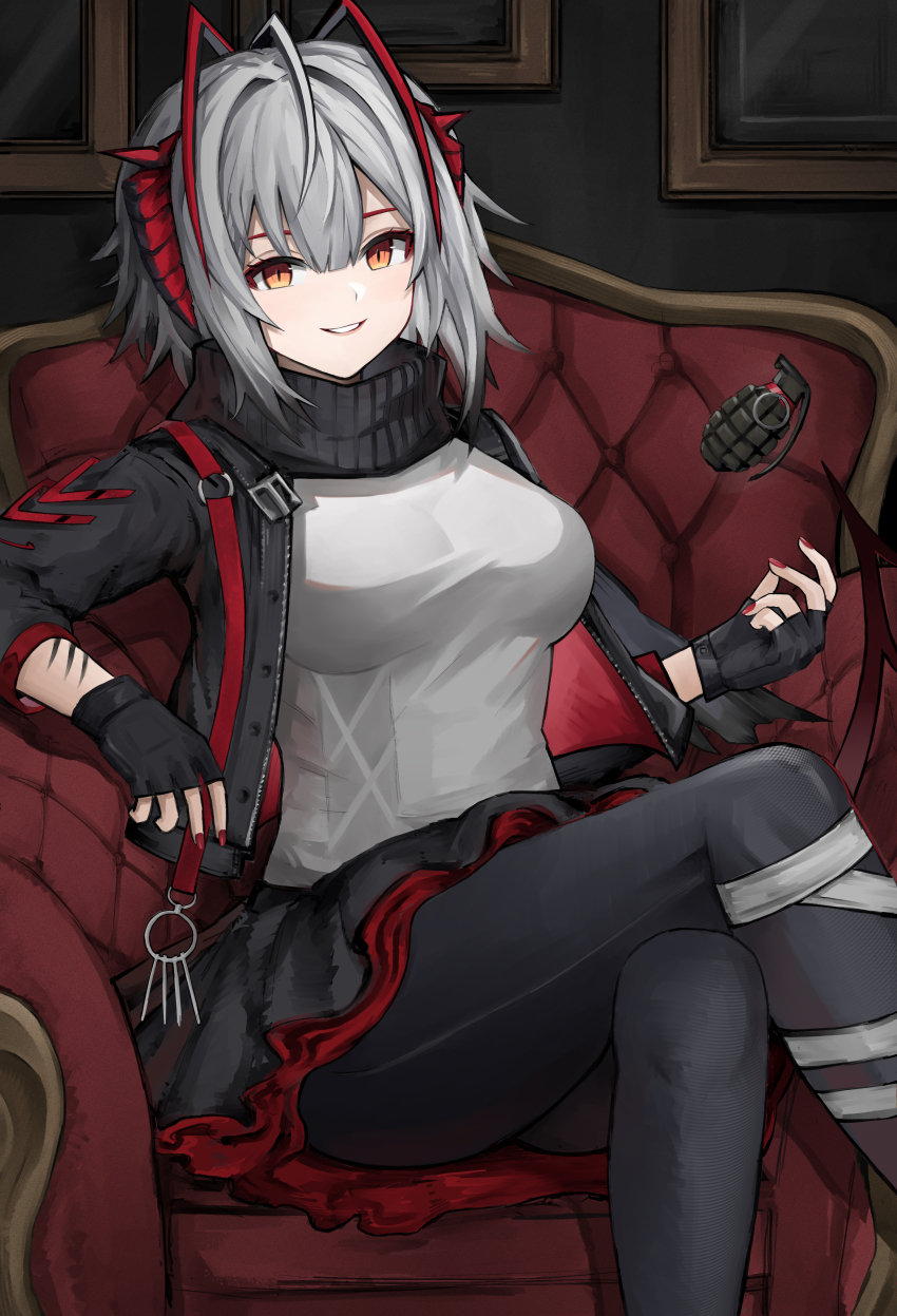 1girl, absurdres, ahoge, antenna_hair, arknights, armchair, black_gloves, black_pantyhose