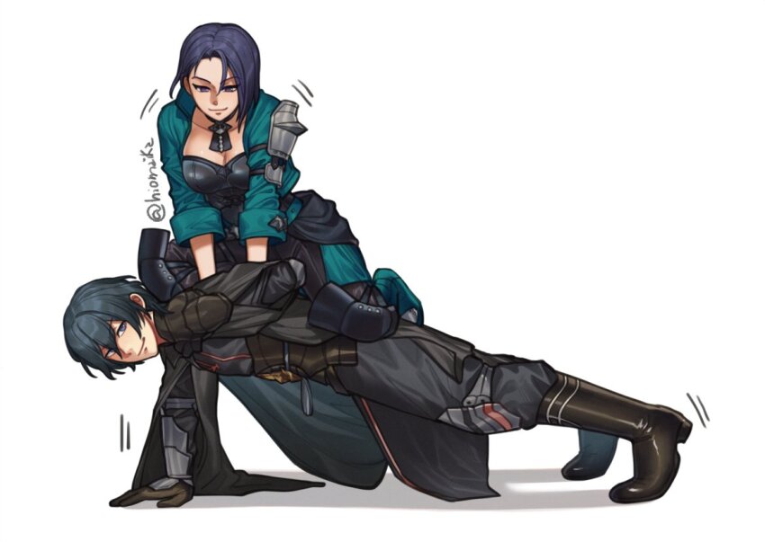 1boy, 1girl, armor, black_gloves, black_hair, black_pants, boots, exercising, fire_emblem, fire_emblem:_three_houses, girl_on_top, gloves, jacket, male_byleth_(fire_emblem), nintendo, one_arm_push-ups, pants, push-ups, shamir_nevrand, shg_(hiomaika), sitting, twitter_username, white_background