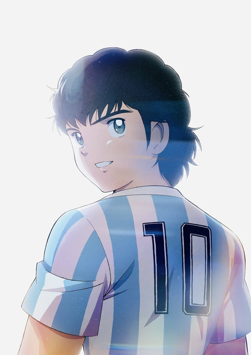 1boy, argentina, argentinian_flag, argentinian_flag_print, black_eyes, black_hair, captain_tsubasa, commentary_request, curly_hair, flag_print, from_behind, grin, highres, ishibashi_daisuke, juan_diaz, looking_at_viewer, male_focus, shirt, short_hair, short_sleeves, simple_background, smile, soccer_uniform, solo, sportswear, striped_clothes, striped_shirt, upper_body, vertical-striped_clothes, vertical-striped_shirt, white_background