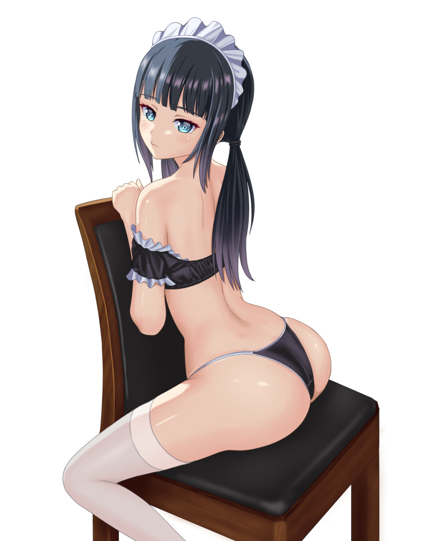 1girl, absurdres, arch, ass, bare_back, bare_shoulders, black_hair, black_panties
