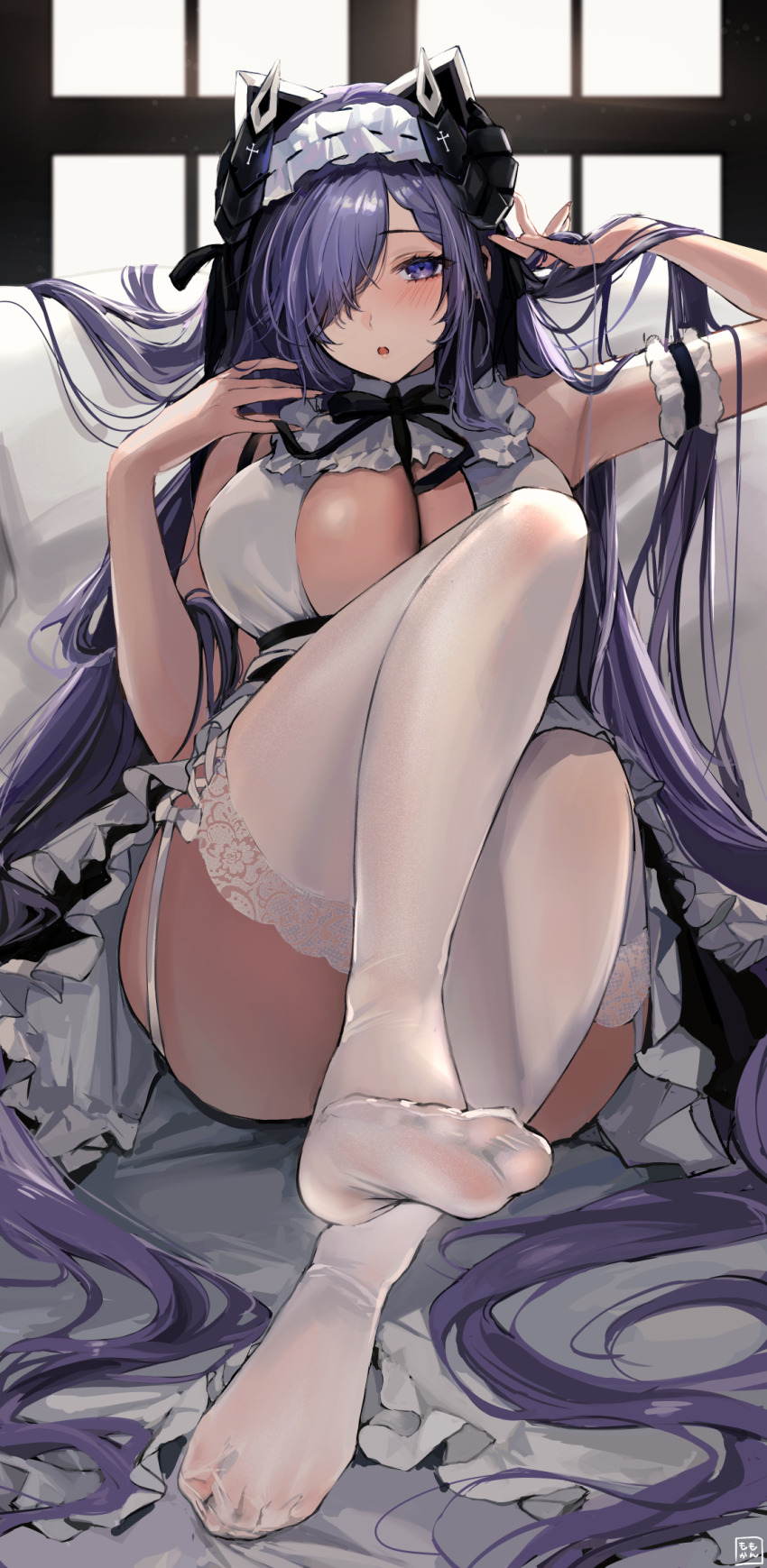 1girl, :o, arm_garter, arm_up, august_von_parseval_(azur_lane), august_von_parseval_(the_conquered_unhulde)_(azur_lane), azur_lane, black_ribbon, breasts, cleavage, cleavage_cutout, clothing_cutout, commentary_request, curled_horns, dress, feet, foot_up, foreshortening, frilled_dress, frilled_garter, frilled_hairband, frills, full_body, garter_straps, hair_over_one_eye, hair_spread_out, hairband, hand_in_own_hair, hand_up, highres, horns, indoors, lace, lace-trimmed_legwear, lace_trim, large_breasts, legs, long_hair, looking_at_viewer, maid, maid_headdress, mechanical_horns, momokan_(kandume200), neck_ribbon, no_shoes, official_alternate_costume, one_eye_covered, parted_lips, purple_eyes, purple_hair, ribbon, see-through_clothes, see-through_legwear, sitting, sleeveless, sleeveless_dress, solo, thighhighs, thighs, toes, two-tone_dress, very_long_hair, white_dress, white_garter_straps, white_hairband, white_thighhighs