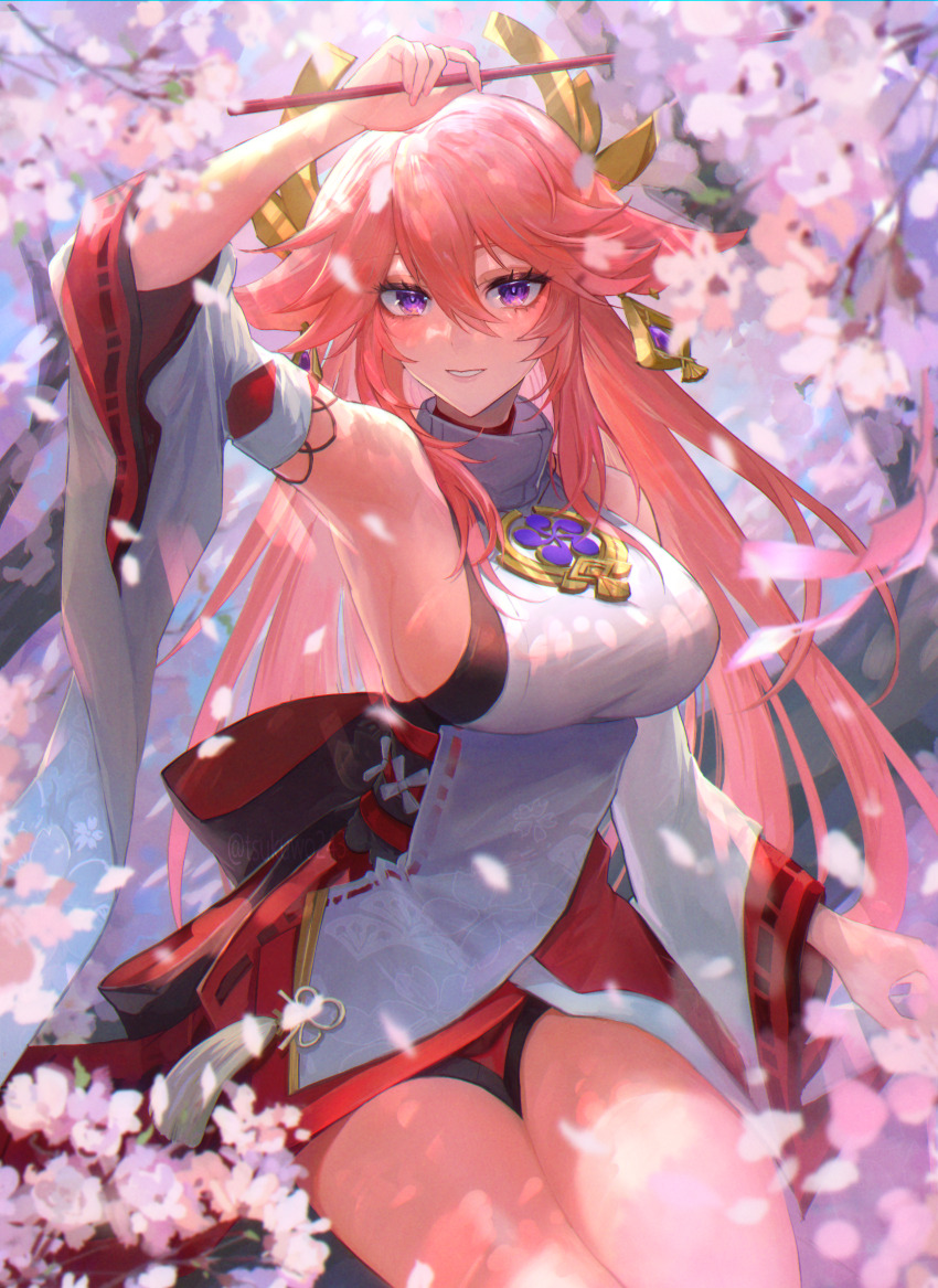 1girl, animal_ears, arm_up, armpits, bare_shoulders, branch, breasts, cherry_blossoms