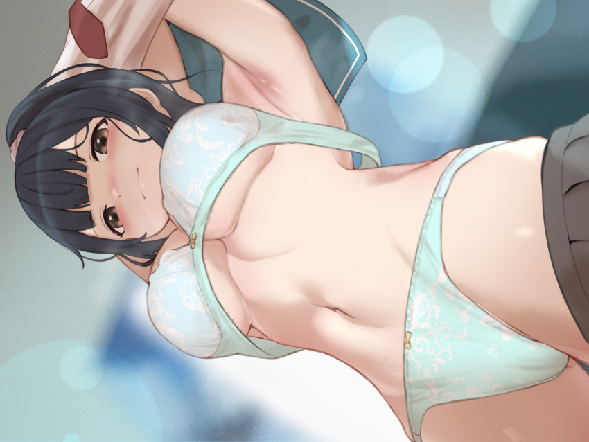 1girl, absurdres, akira_tooru, armpits, arms_up, black_hair, black_skirt, bra