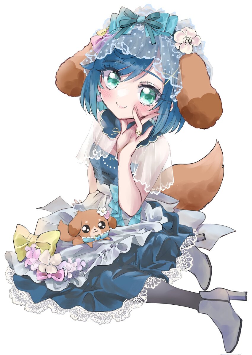 1girl, animal_ears, apron, aqua_eyes, blue_dress, blue_hair, blush, bow
